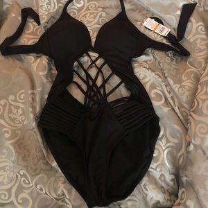 Black strappy one piece swimsuit